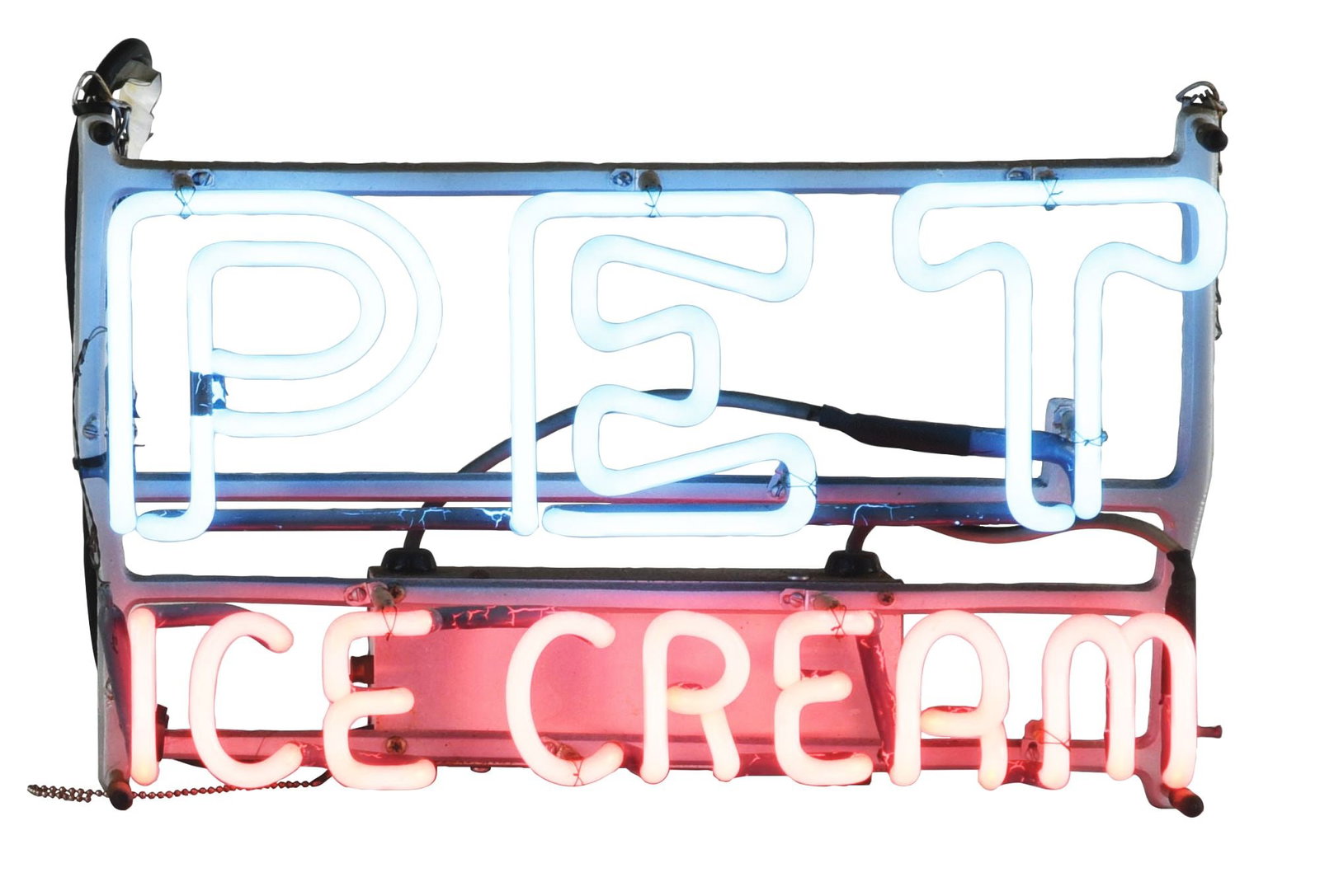 PET ICE CREAM NEON: This is a new old stock ice cream neon from the 1950s, advertising Pet Ice Cream. CONDITION: It has the original neon, frame and transformer in full operating condition. This is not a standard shippab