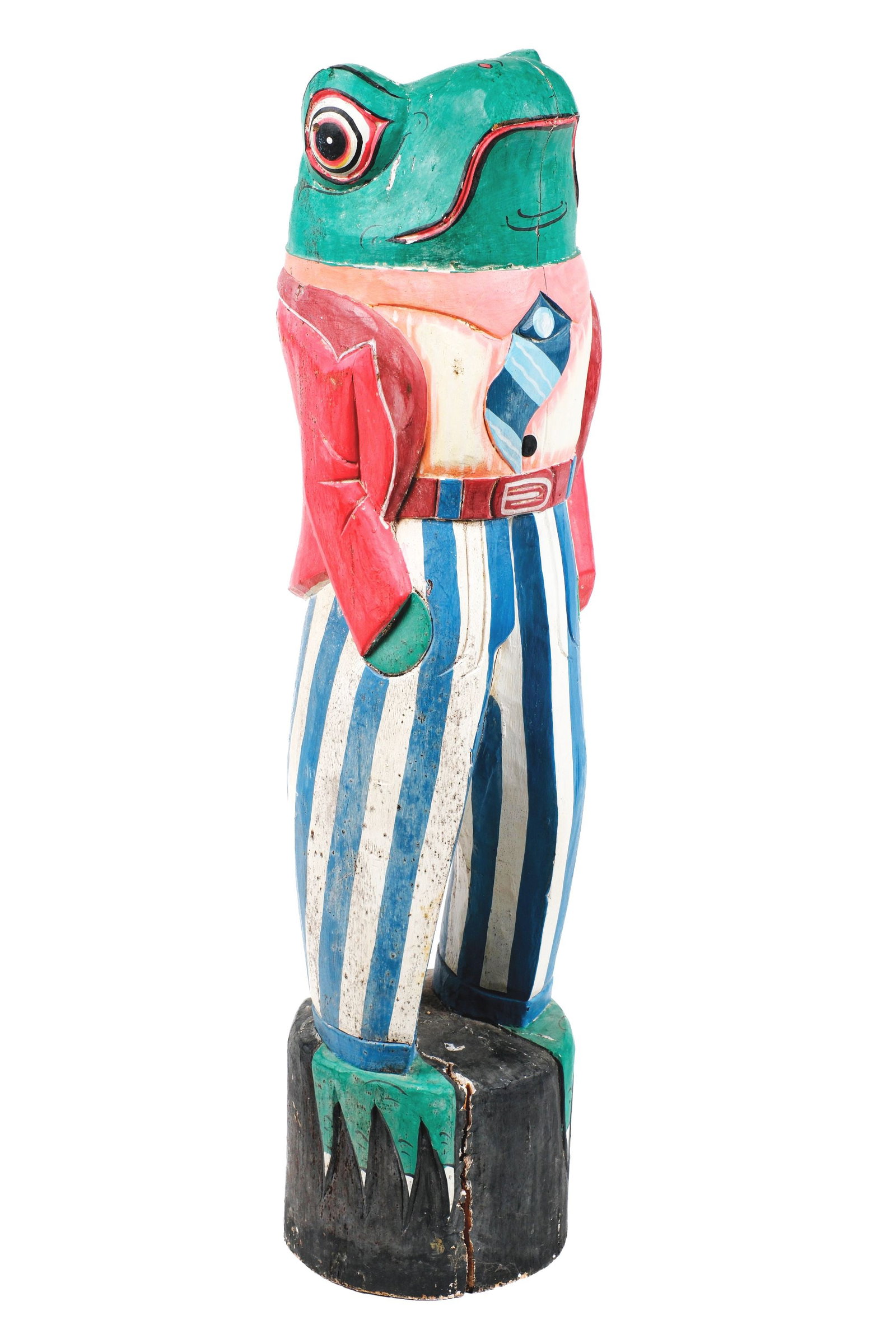 CARVED WOODEN FIGURAL FROG: This frog is carved from a solid piece of wood and painted in colors reminiscent of a carnival. It is believed that the frog was part of the disbanding of a carnival or amusement park in upstate New Y