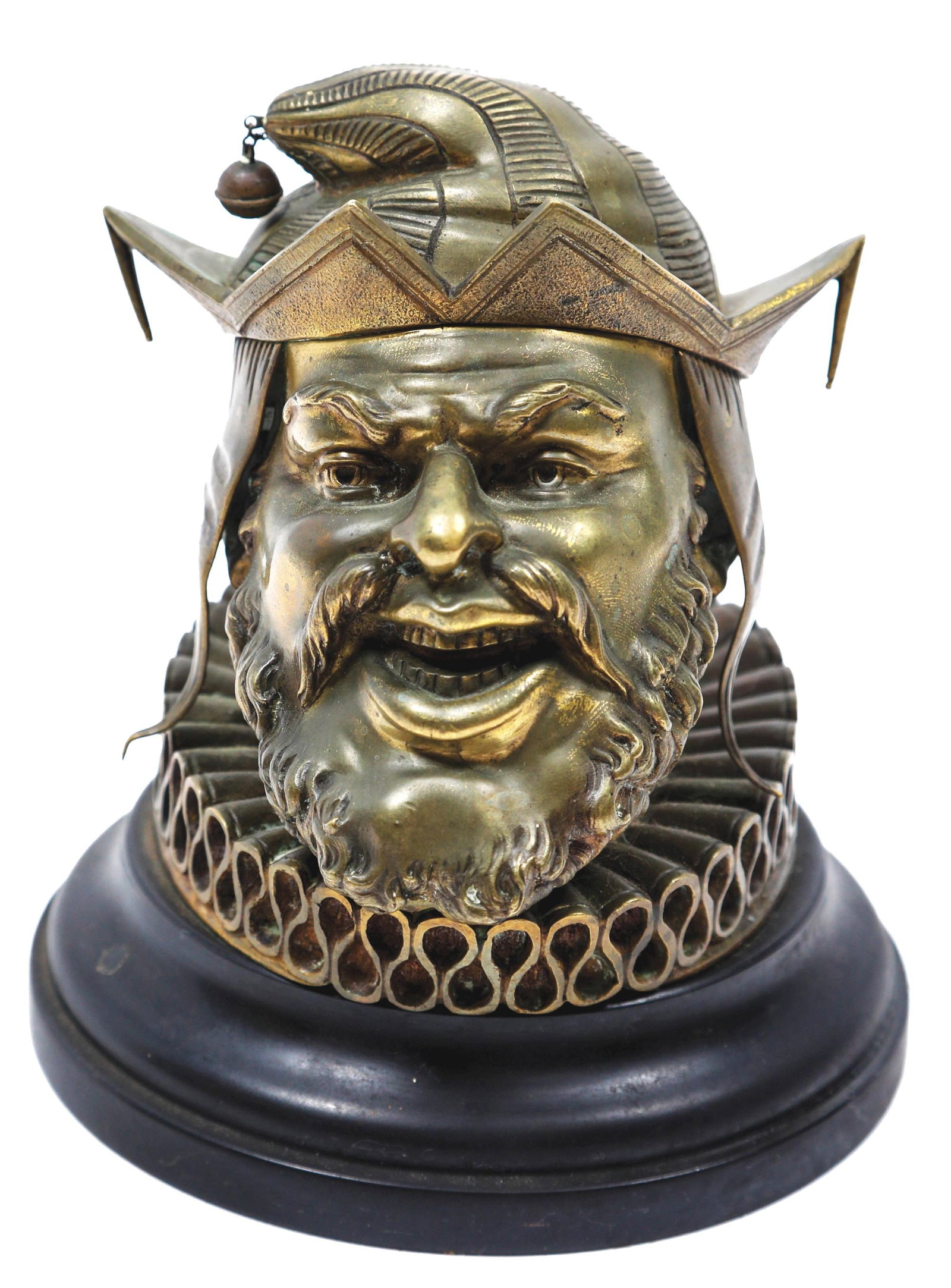 EARLY BRONZE "JESTER" INKWELL: This bronze inkwell dates to the early 1900, with a superb casting and contains all of the elements to look for in examining an inkwell. The container insert is present, and the inkwell has no damage 