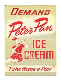 PETER PAN ICE CREAM EMBOSSED TIN SIGN W/ PETER PAN GRAPHIC