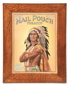 MAIL POUCH TOBACCO CARDSTOCK LITHOGRAPH W/ NATIVE AMERICAN GRAPHIC.