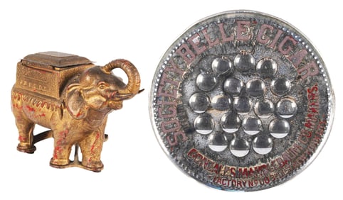 LOT OF 2: ELEPHANT DISPENCER & CIGAR STORE GLASS CHANGE TRAY