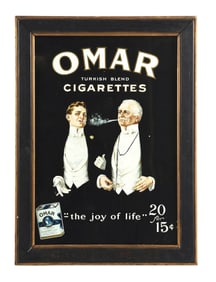 OMAR CIGARETTES ADVERTISING POSTER W/ MEN GRAPHIC