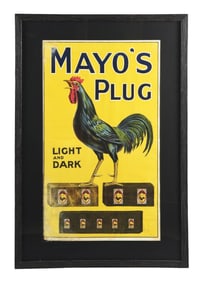 MAYO'S PLUG ADVERTISING SIGN W/ ROOSTER GRAPHIC