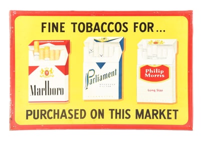 FINE TOBACCOS FOR... SELF-FRAMED EMBOSSED TIN SIGN W/ PHILIP MORRIS BRANDED CIGARETTE PACK GRAPHIC