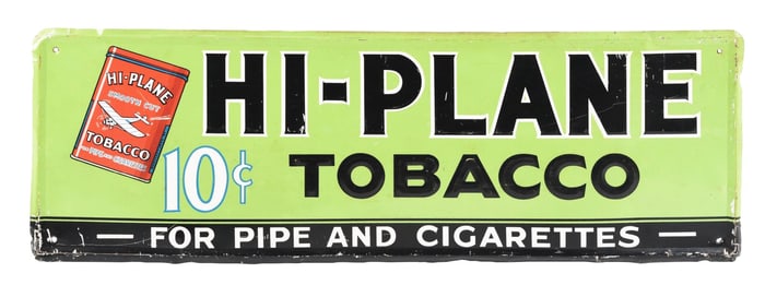 HI-PLANE TOBACCO SELF-FRAMED EMBOSSED TIN SIGN W/ TOBACCO TIN GRAPHIC