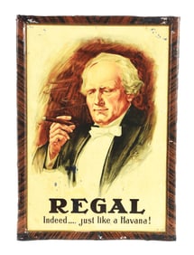 REGAL CIGAR SELF-FRAMED TIN LITHOGRAPH W/ GENTLEMAN GRAPHIC.