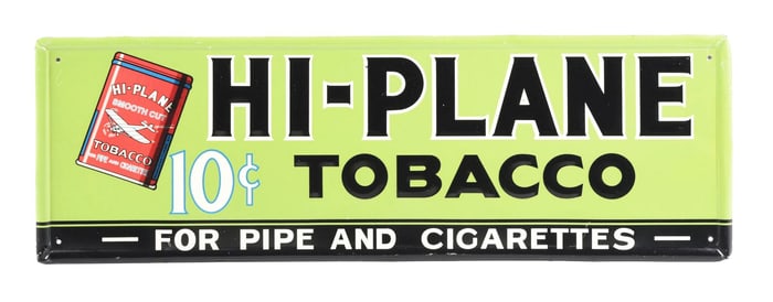 HI-PLANE 10¢ TOBACCO SELF-FRAMED EMBOSSED TIN SIGN W/ TOBACCO TIN GRAPHIC.