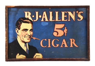 R. J. ALLEN'S 5¢ CIGAR CARDBOARD LITHOGRAPH W/ GENTLEMEN GRAPHIC.