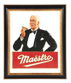 MAESTRO CIGARS DIE-CUT CARDBOARD LITHOGRAPH EASEL-BACK W/ MAESTRO GRAPHIC.