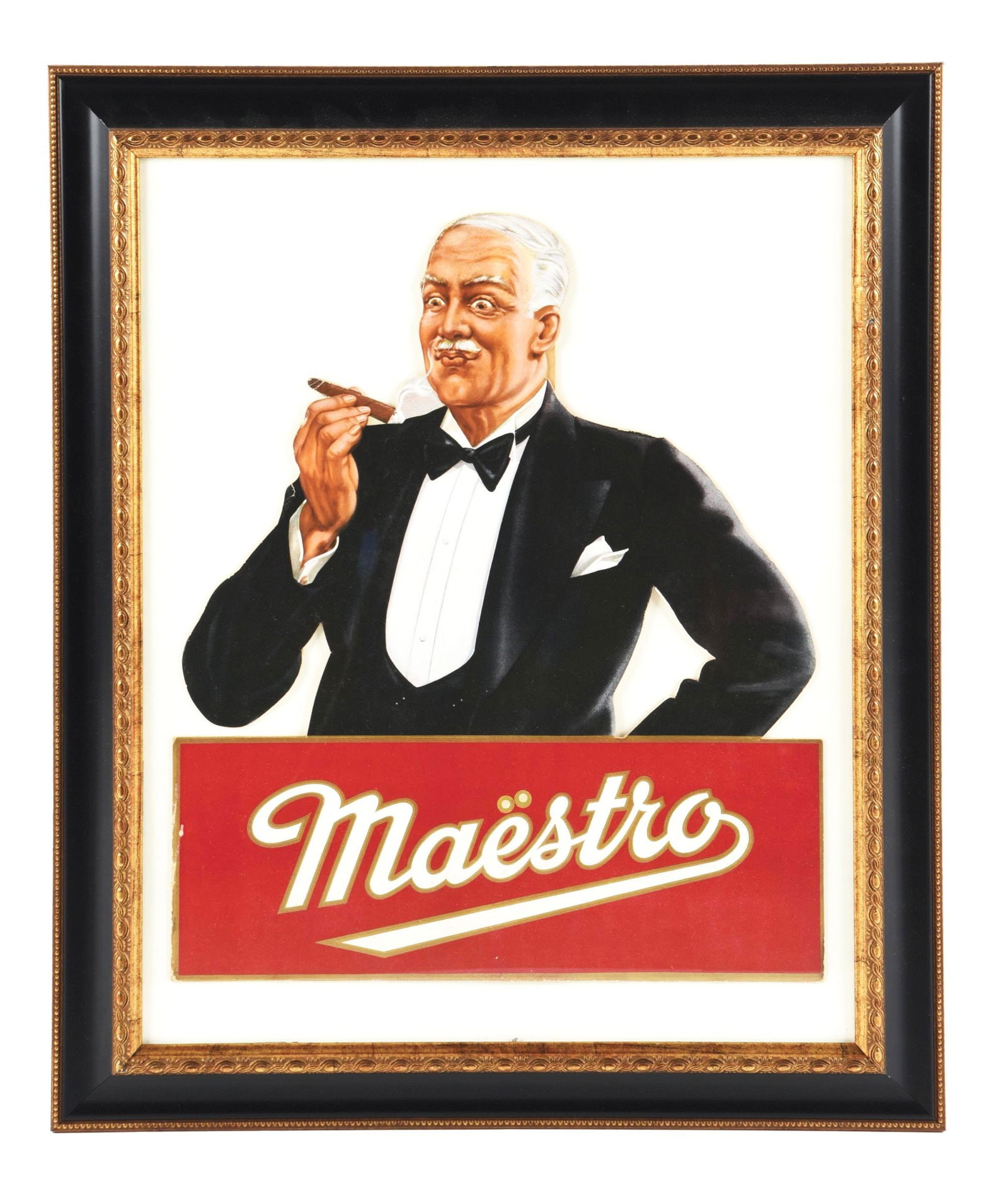MAESTRO CIGARS DIE-CUT CARDBOARD LITHOGRAPH EASEL-BACK W/ MAESTRO GRAPHIC. (1 of 2)