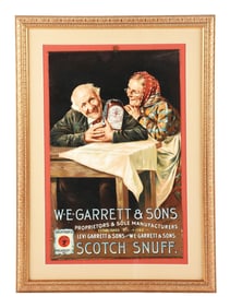 W. E. GARRETT & SONS SCOTCH SNUFF PAPER LITHOGRAPH W/ ELDERLY COUPLE GRAPHIC