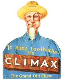 CLIMAX CHEWING TOBACCO CARDBOARD EASEL BACK W/ GENTLEMAN GRAPHIC.