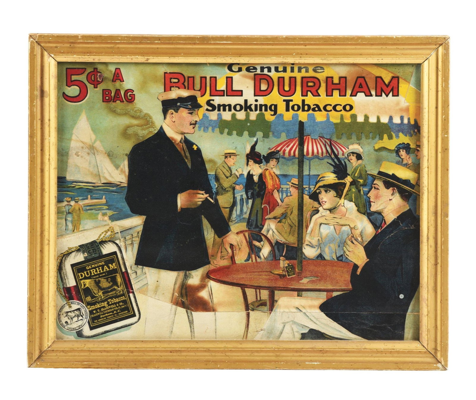 BULL DURHAM SMOKING TOBACCO CARDBOARD SIGN: SSC. A colorful example of this advertisement from Bull Durham Smoking Tobacco, featuring people on the boardwalk graphic. CONDITION: The sign retains good color throughout the graphic, but there are 