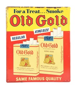 OLD GOLD CIGARETTES SELF-FRAMED EMBOSSED TIN SIGN W/ CIGARETTE PACK GRAPHIC