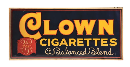 CLOWN CIGARETTES CARDBOARD LITHOGRAPH W/ 20 FOR 15¢ LOGO.