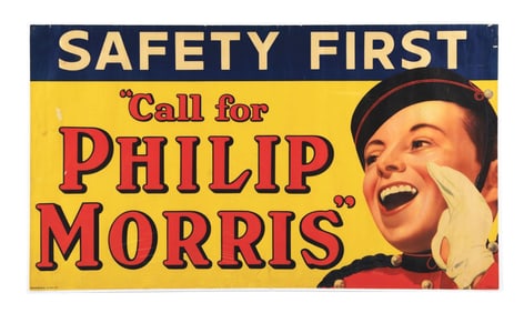 PHILIP MORRIS CARDBOARD LITHOGRAPH W/ BELL BOY GRAPHIC.