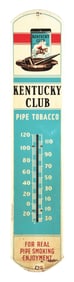 KENTUCKY CLUB PIPE TOBACCO PAINTED METAL THERMOMETER W/ TOBACCO TIN & PIPE GRAPHIC
