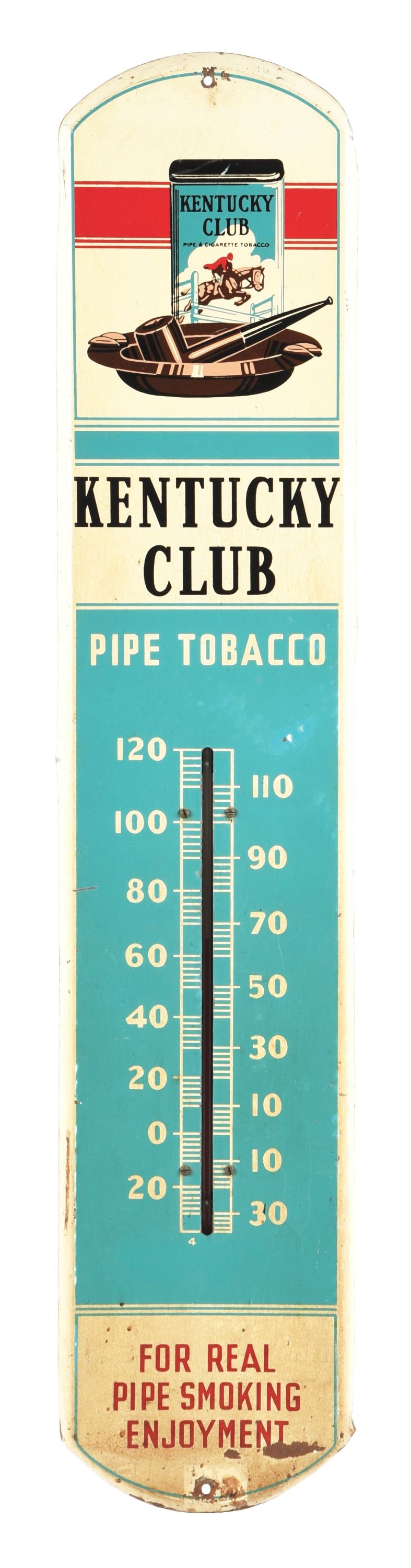 KENTUCKY CLUB PIPE TOBACCO PAINTED METAL THERMOMETER W/ TOBACCO TIN & PIPE GRAPHIC (1 of 2)