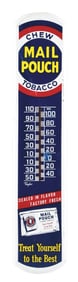 CHEW MAIL POUCH TOBACCO PAINTED METAL THERMOMETER SIGN W/ TOBACCO POUCH GRAPHIC