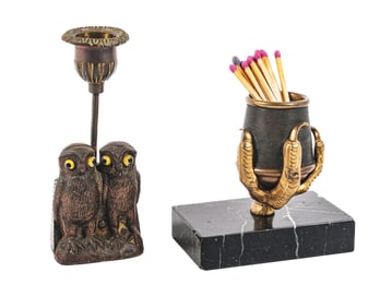 COLLECTION OF 2 BRONZE & CAST IRON MATCH HOLDERS