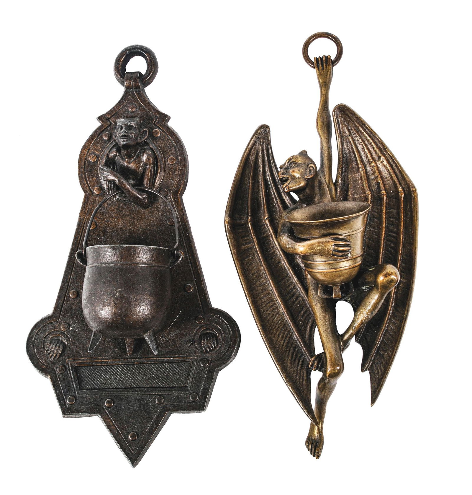 A PAIR OF BRONZE WALL HANGING MATCH HOLDERS (1 of 5)