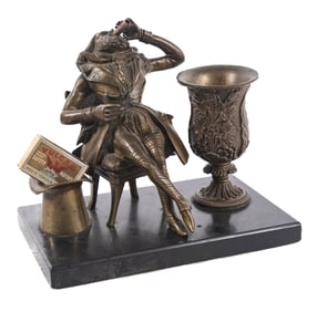 DESKTOP FIGURAL BRONZE CIGAR & MATCH HOLDER W/ LIGHTER