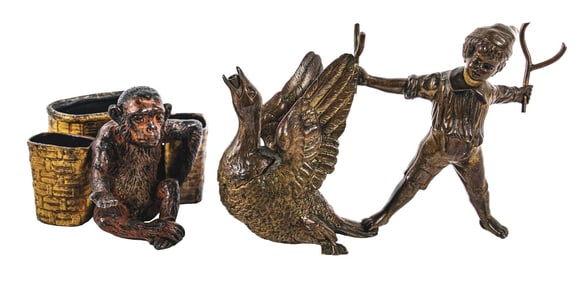 A PAIR OF CAST BRONZE DESKTOP SMOKING ACCESSORIES