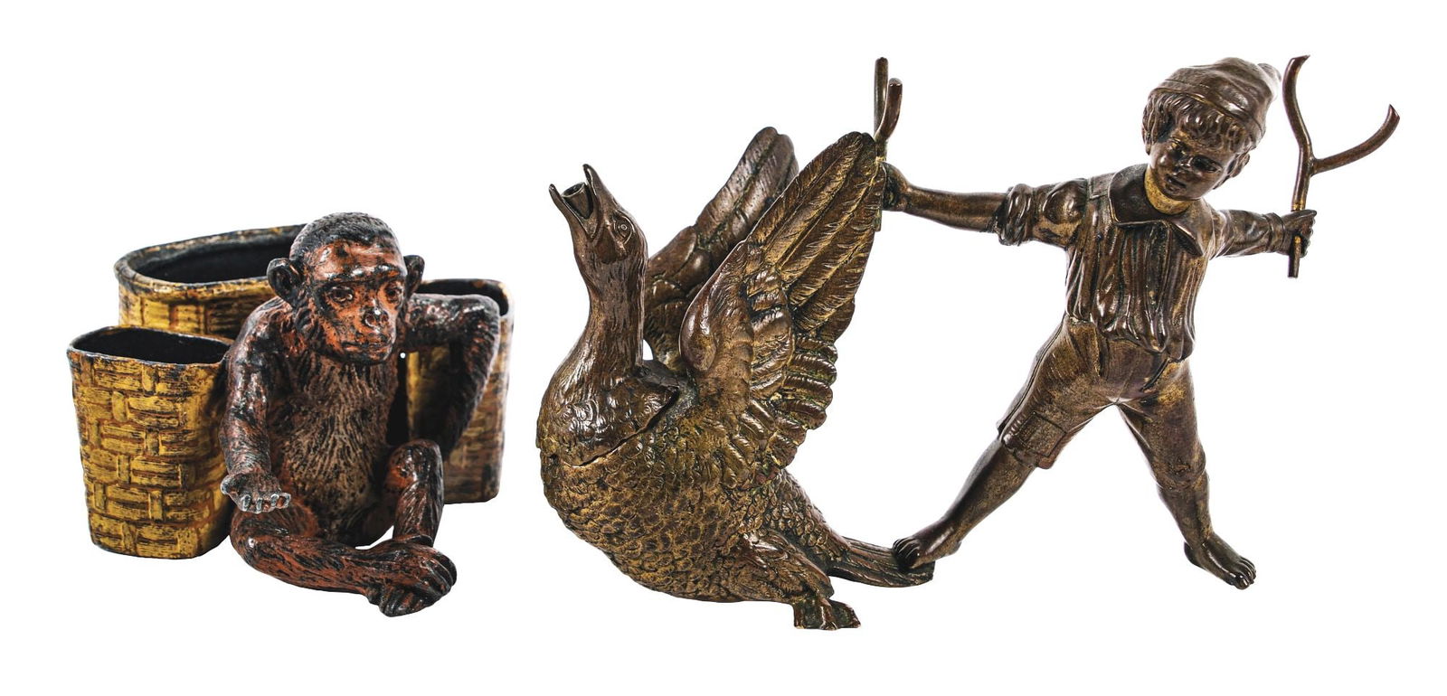 A PAIR OF CAST BRONZE DESKTOP SMOKING ACCESSORIES (1 of 3)