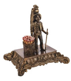 FIGURAL CAST BRONZE DESKTOP MATCH HOLDER W/ CIGAR LIGHTER