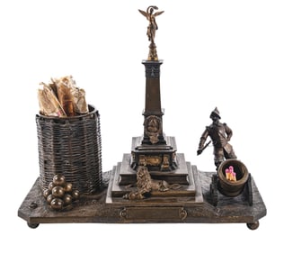 CAST BRONZE TOBACCO DESK SET W/ CIGAR & MATCH HOLDER