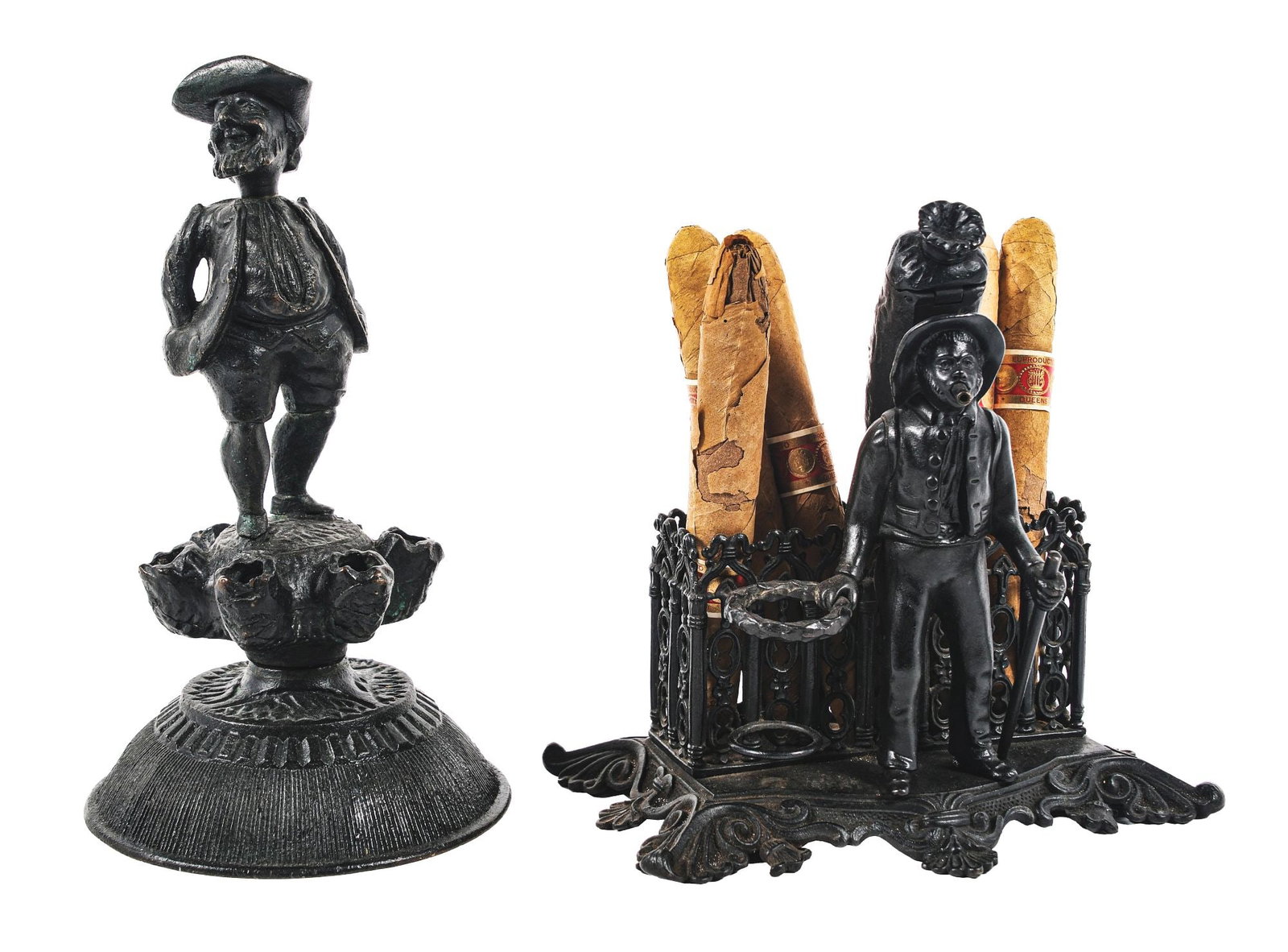 A PAIR OF DESKTOP CIGAR HOLDER AND LIGHTER: This is a pair of desktop cigar holder and lighter. (A) A cast bronze in the form of an older gentleman with a beard and hat in great detail. This was a cheroot holder, and the base has six locations 