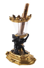 CAST BRONZE FIGURAL DESKTOP CIGAR & MATCH HOLDER