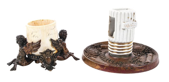 A PAIR OF CAST BRONZE DESK ACCESSORIES