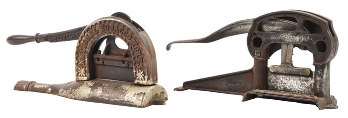 PAIR OF CAST IRON TOBACCO CUTTERS BALL BARNHART PUTNAM AND PIPER HEIDSIECK TOBACCO CUTTERS