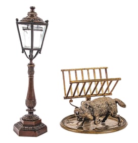 A PAIR OF DESKTOP CAST BRONZE SMOKING ACCESSORIES