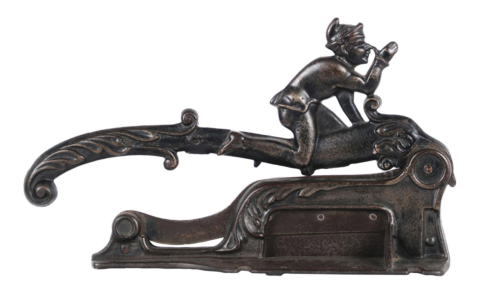 ANTIQUE BRONZE TOBACCO CUTTER: Wonderful old and original bronze tobacco cutter. This piece shows a nice three-dimensional image of an elf-type character on the handle. Condition: Excellent operating condition without any visible c
