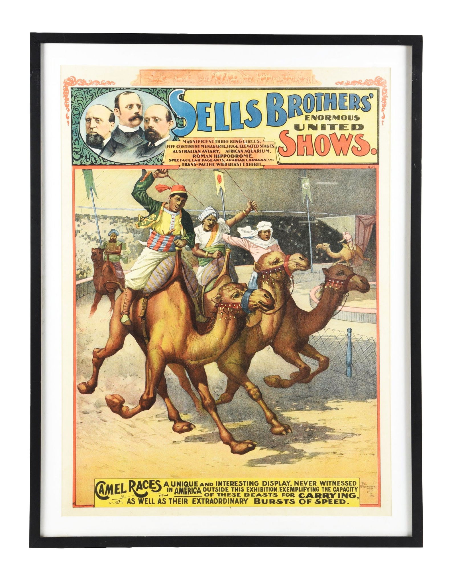 SELLS BROTHERS ENORMOUS UNITED SHOWS PAPER LITHOGRAPH CIRCUS POSTER W/ CAMEL RACE GRAPHIC (1 of 4)