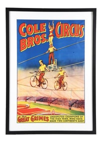 COLE BROS. CIRCUS PAPER LITHOGRAPH POSTER W/ HIGH WIRE ACT GRAPHIC