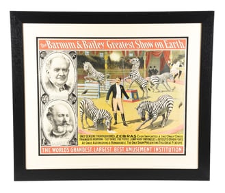 THE BARNUM & BAILEY "GREATEST SHOW ON EARTH" PAPER LITHOGRAPH POSTER W/ ZEBRA GRAPHIC