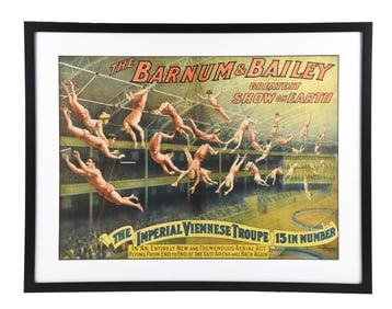 THE BARNUM & BAILEY "GREATEST SHOW ON EARTH" PAPER LITHOGRAPH POSTER W/ TRAPEZE GRAPHICS