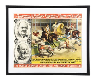THE BARNUM & BAILEY "GREATEST SHOW ON EARTH" PAPER LITHOGRAPH POSTER W/ THE GREAT MALE HURDLE RACE