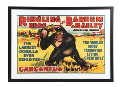 RINGLING BROS AND BARNUM & BAILEY COMBINED SHOWS PAPER LITHOGRAPH POSTER W/ GARGANTUA THE GREAT