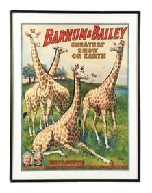 THE BARNUM & BAILEY "GREATEST SHOW ON EARTH" PAPER LITHOGRAPH POSTER W/ GIRAFFE GRAPHICS