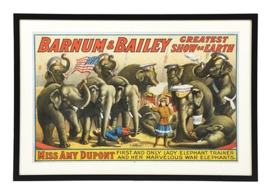 BARNUM AND BAILEY "GREATEST SHOW ON EARTH" PAPER LITHOGRAPH CIRCUS POSTER W/ MISS AMY DUPONT GRAPHIC