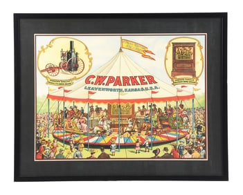 C. W. PARKER PAPER LITHOGRAPH POSTER W/ CAROUSEL GRAPHIC