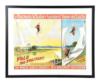 THE BARNUM & BAILEY "GREATEST SHOW ON EARTH" PAPER LITHOGRAPH POSTER W/ VOLO THE VOLITANT GRAPHIC