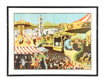 EUROPEAN PAPER LITHOGRAPH CARNIVAL POSTER W/ CARNIVAL RIDE GRAPHICS