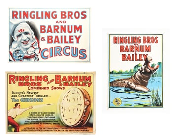 COLLECTION OF 3 RINGLING BROS. AND BARNUM AND BAILEY LITHOGRAPHS W/ LINEN BACKING