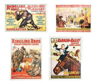 COLLECTION OF 4 RINGLING BROS. AND BARNUM AND BAILEY CIRCUS POSTERS APPLIED TO LINEN BACKS W/ CIRCUS